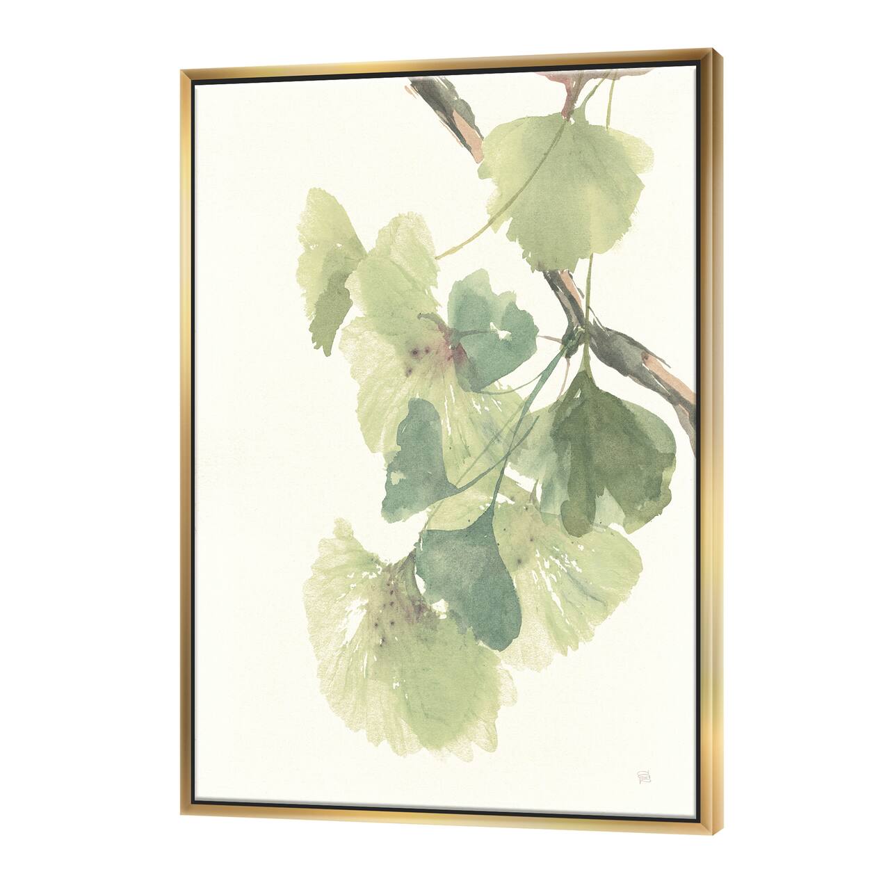 Designart - Watercolor Gingko Leaves II - Cabin & Lodge Canvas in Gold Frame